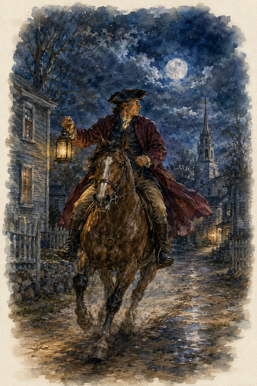 Watercolor illustration of a colonial rider in a moonlit New England village