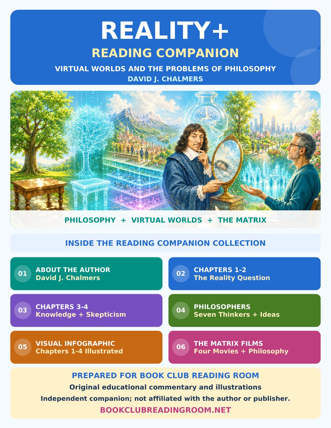 Bright illustrated Reality+ reading-companion cover showing physical and virtual worlds