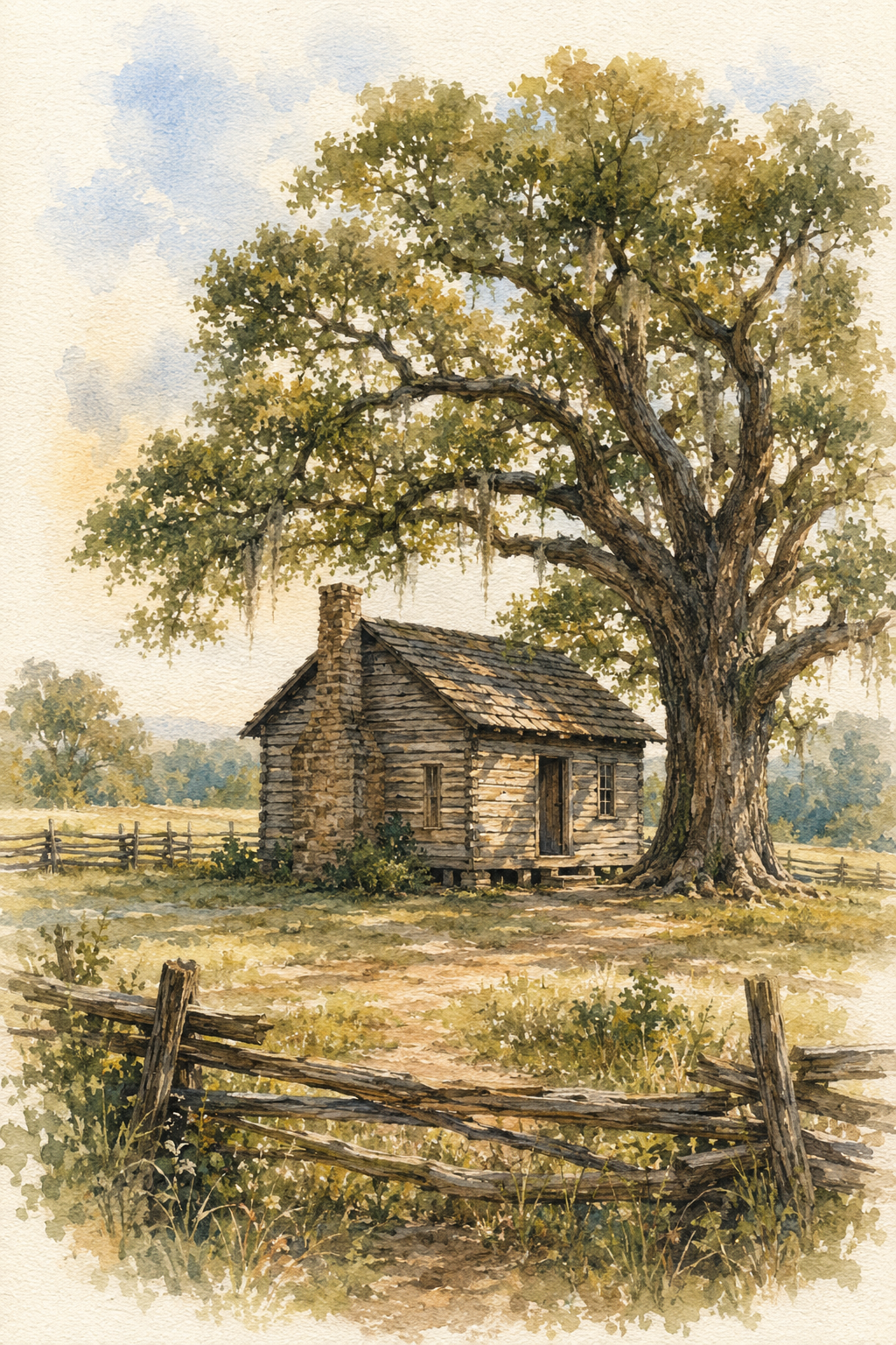 Watercolor illustration of a nineteenth-century cabin beneath an old oak tree
